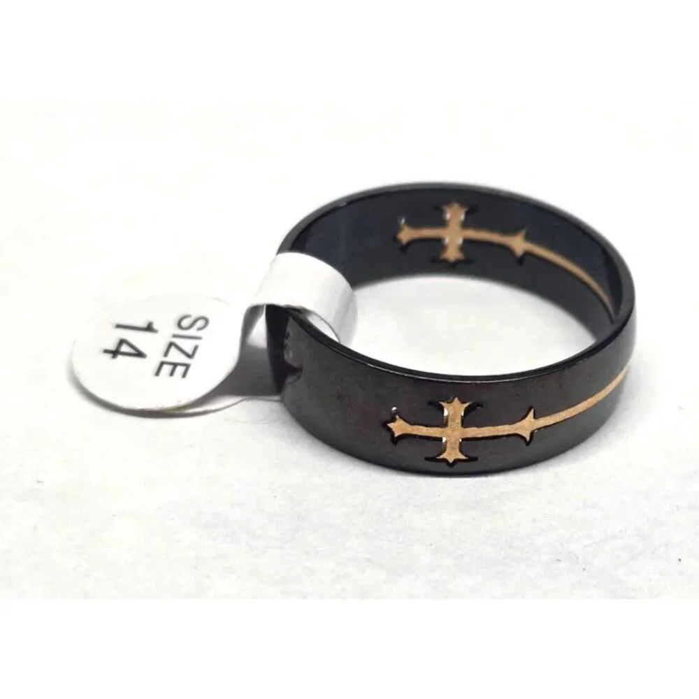 New Black Stainless Steel Ring Gold Tone Cross Inlay Size 14.5 Unisex Band Chris